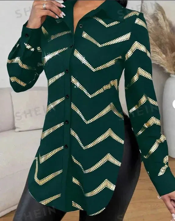 Lyxana Open Placket Foil Print Random Cut Shoulder Long Sleeve Cinched Waist Blouse Women tunic Shirt - EX-STOCK CANADA