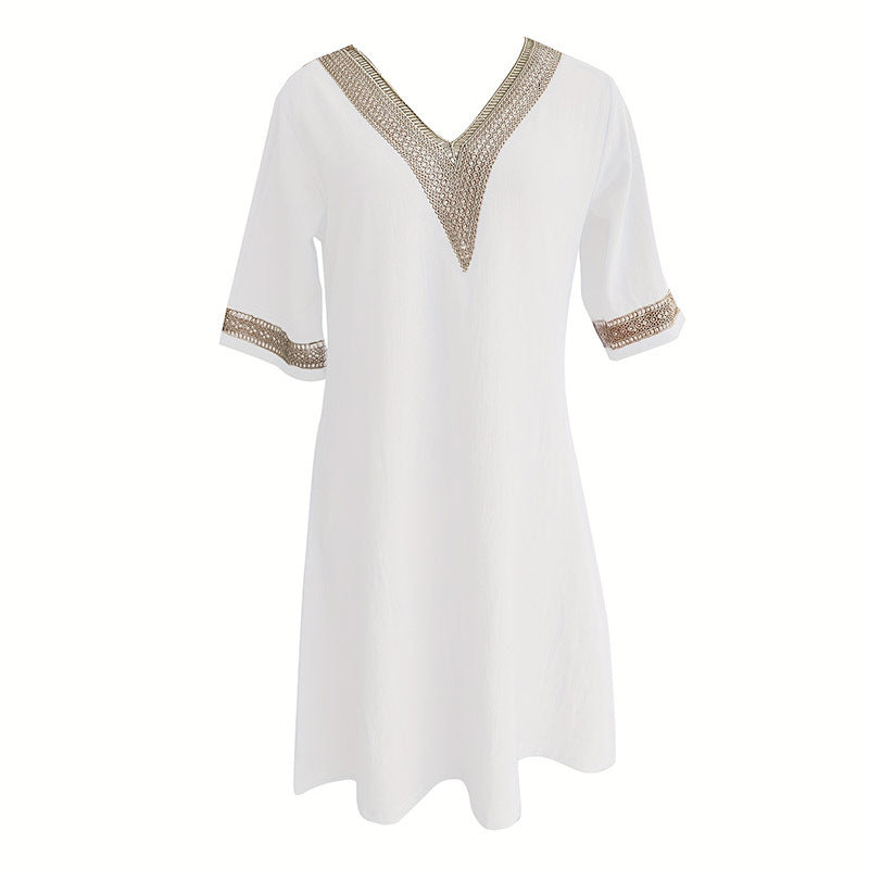 Women's Chic Guipure Lace V-Neck Tunic Dress Knee-Length, Hollow Detail,All-Season Dress EX-STOCK