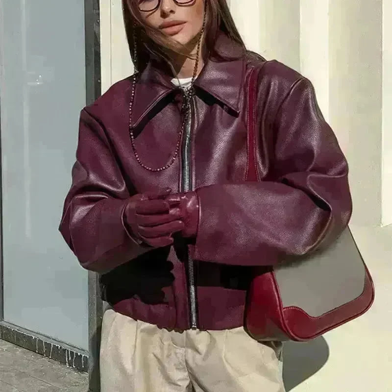 Fashioned Oversized zipper Lapel Leather coat jacket for women - EX-STOCK CANADA