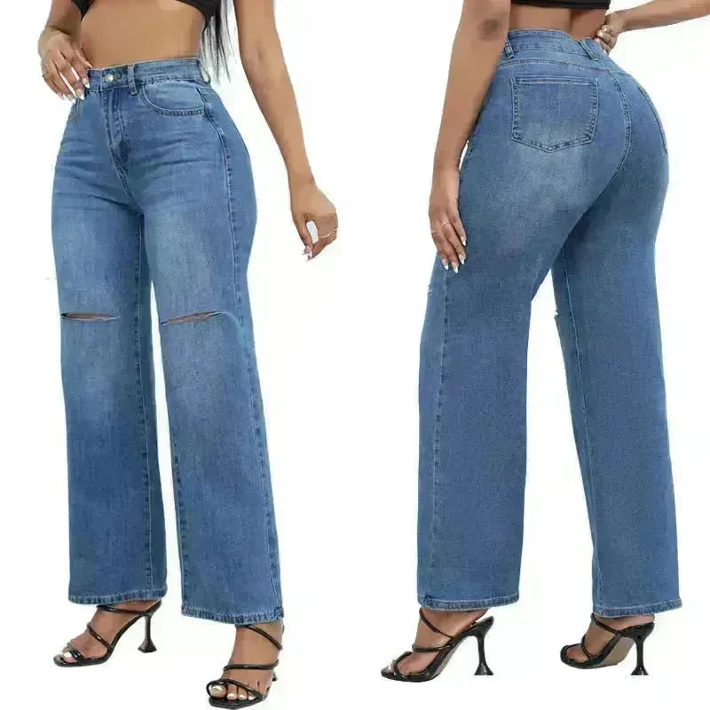Elegant Ripped Wide-leg Baggy Jeans Pant Women - EX-STOCK CANADA
