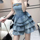 Women's sleeveless tube Denim High Waist Slimming Jeans layered flared mini Dress - EX-STOCK Canada