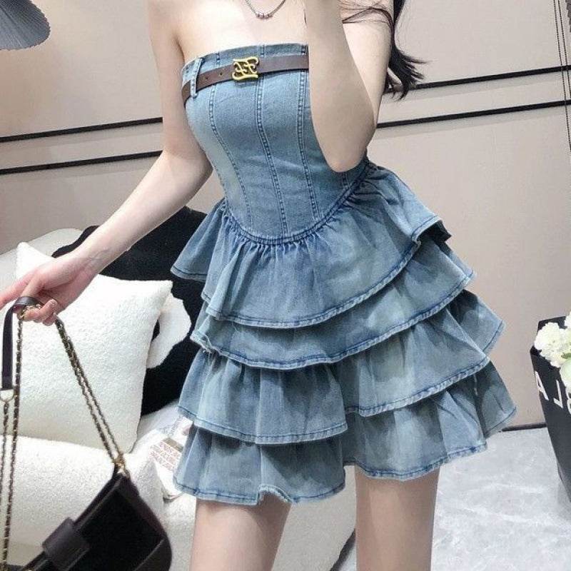 Women's sleeveless tube Denim High Waist Slimming Jeans layered flared mini Dress - EX-STOCK Canada