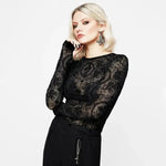 Elegant Slim-fit Tulip Flocking transparent lace top bodycon top women - EX-STOCK CANADA