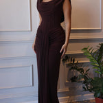 Brown Swoosh Collar Sleeveless Maxi Dress