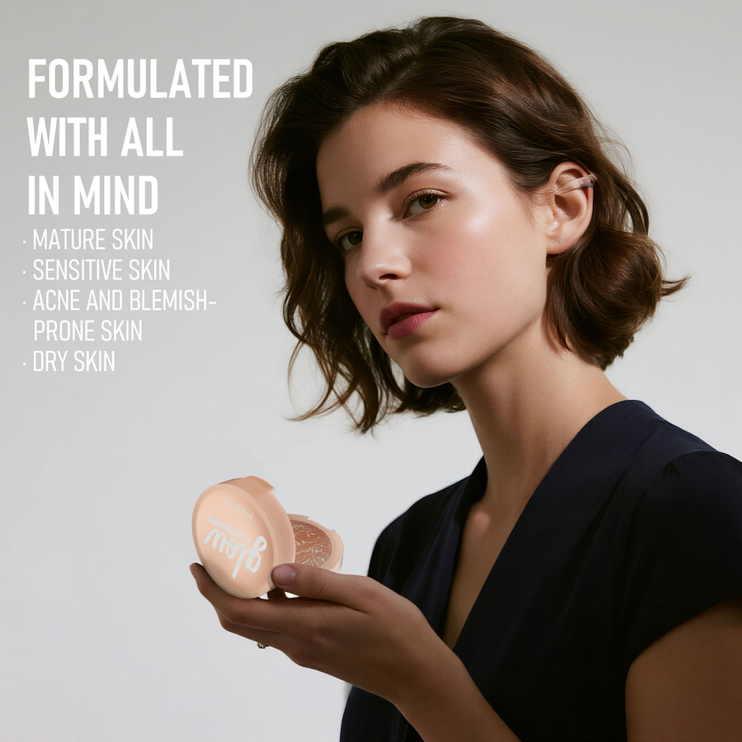Woman holding a compact mirror with text about skin types on a light gray background