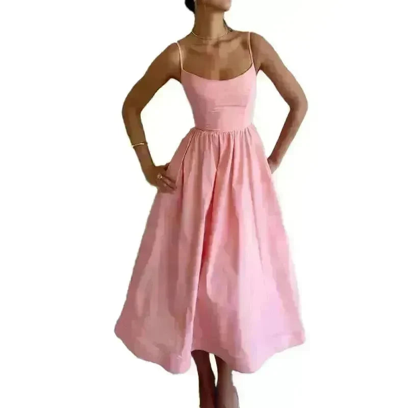 Elegant Solid Color Spaghetti Strap Suspender Skirt Dress Midi Skater Dress for Women - EX-STOCK CANADA