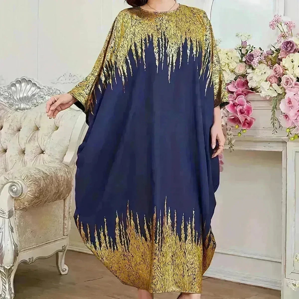 Fashion Embellish Fancy Abaya Middle East Print Color Contrast Patchwork Bat Sleeve Width Loose Summer Long Sleeve Dress - EX-STOCK CANADA