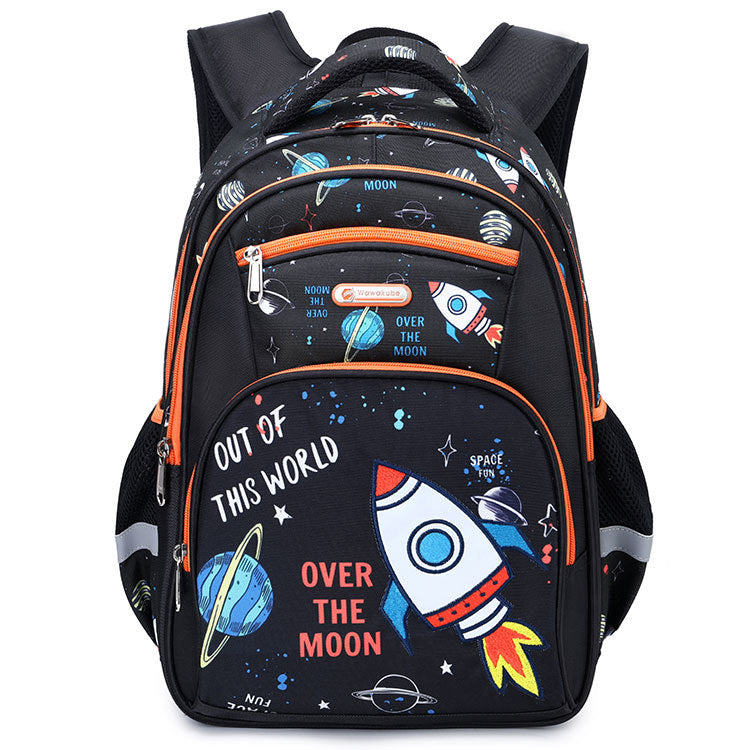 Backpack with space-themed design featuring rockets and planets on a white background