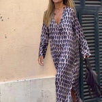 Summer Geometric Printed V-neck Long Dress Fashion Long Sleeve Slit Dresses For Women - EX-STOCK CANADA