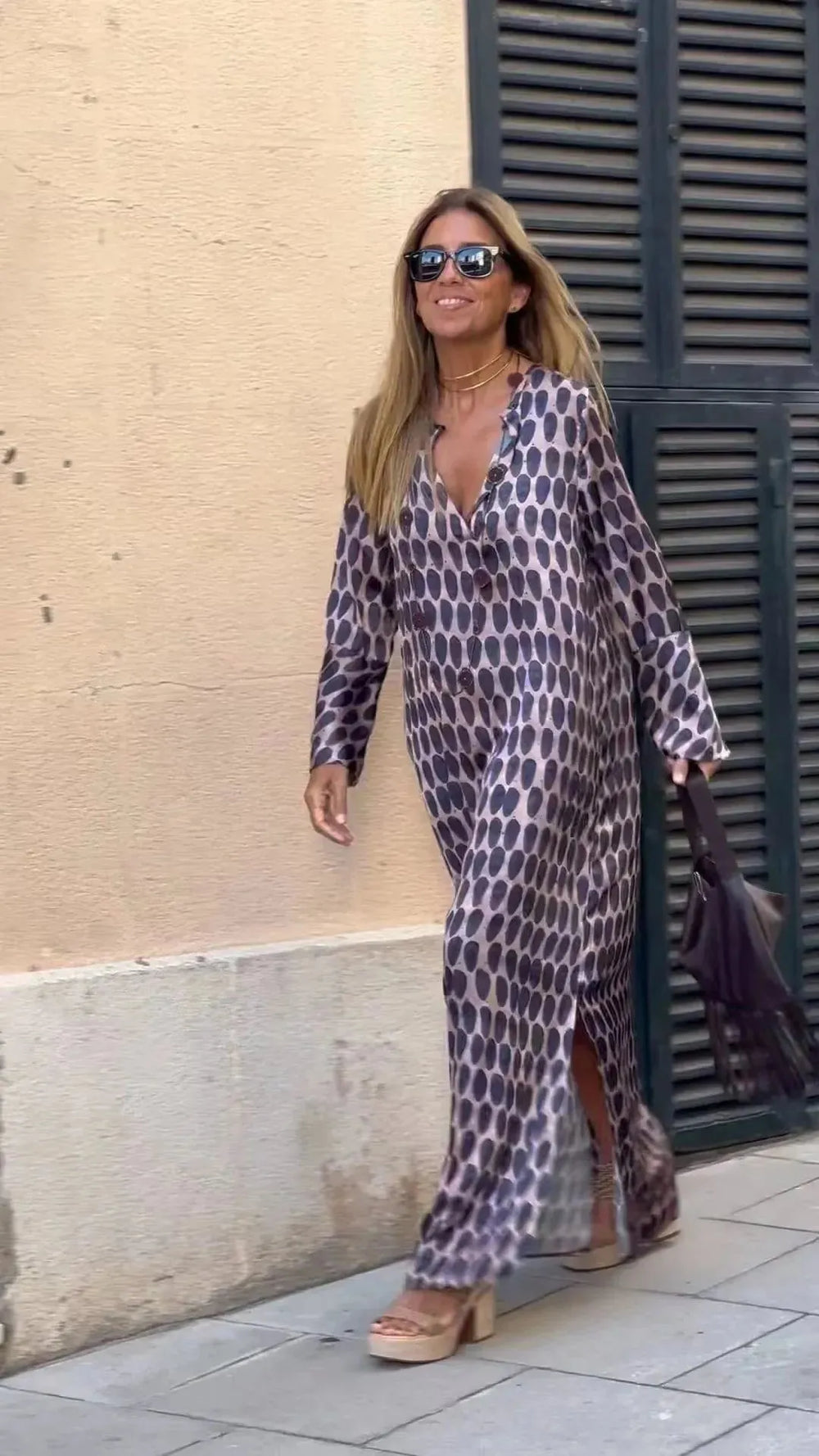 Summer Geometric Printed V-neck Long Dress Fashion Long Sleeve Slit Dresses For Women - EX-STOCK CANADA