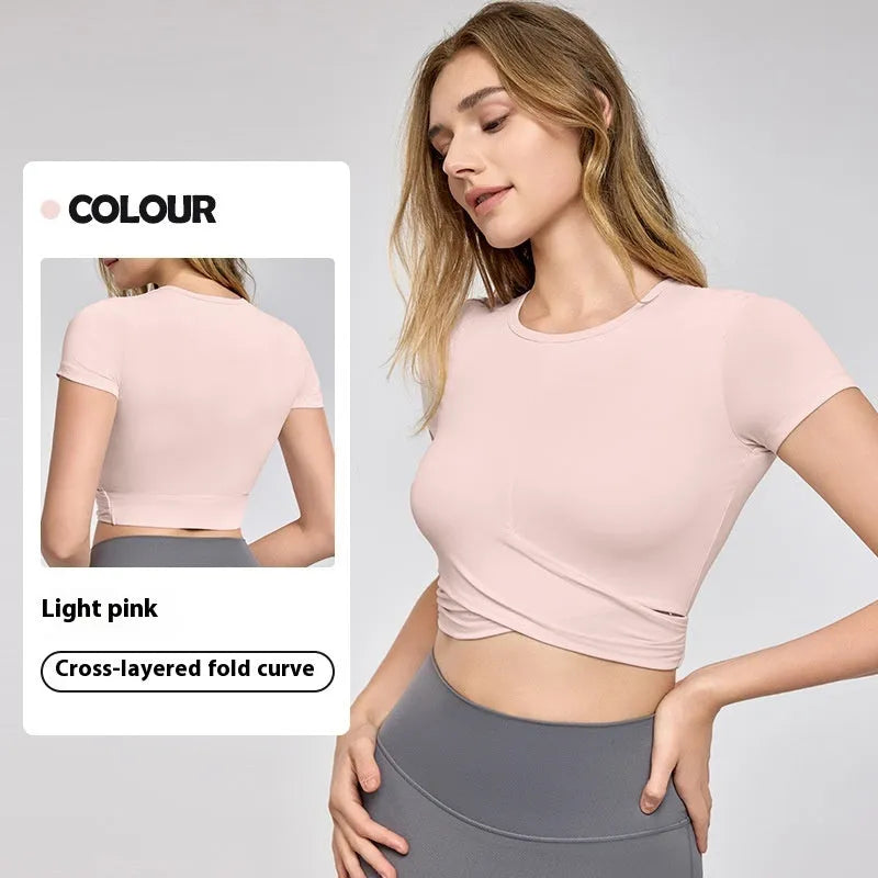 Cross Pleated Yoga Clothing Top Workout Clothes Short Sleeve - EX-STOCK CANADA