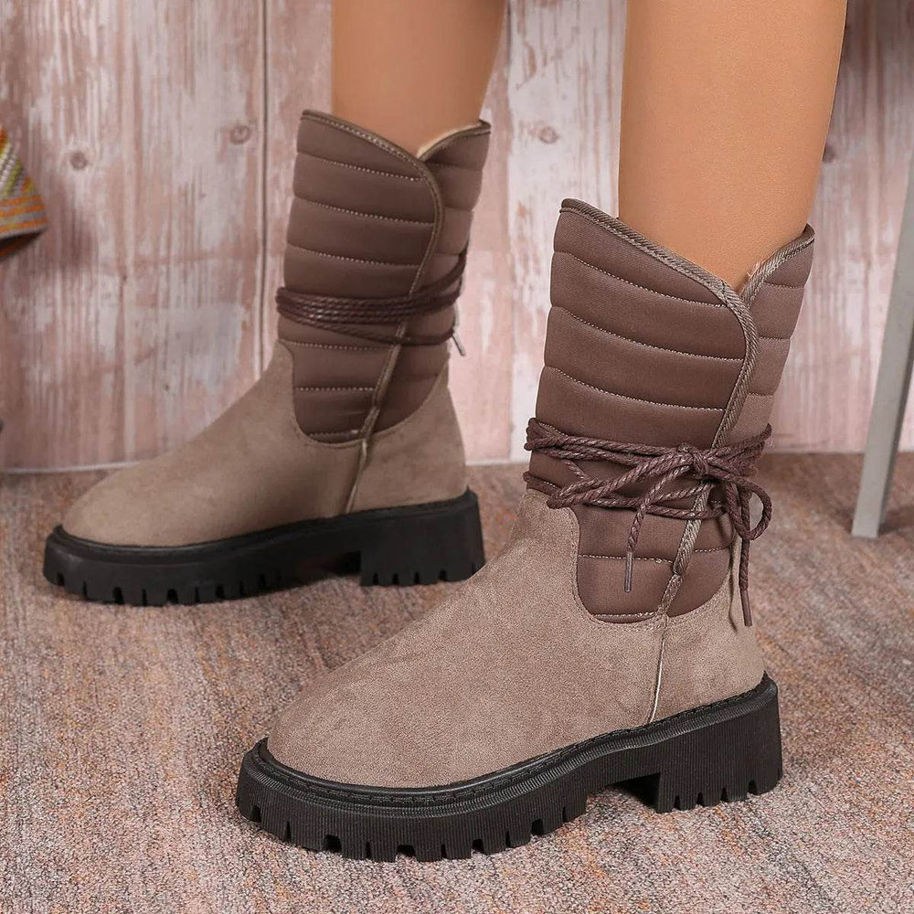 New Chunky Heel Mid-tube Snow Boots Winter Warm Fleece Boot With Lace-up Design Fashion Casual Shoes For Women - EX-STOCK Canada
