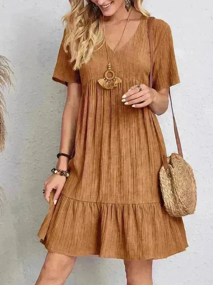 Summer Beach  V-neck Dresses Women's Loose Casual Short-sleeved Loose Skater Dress for Chic Ladies - EX-STOCK CANADA