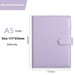 Purple notebook with dimensions and product details on a white background