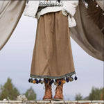 Corduroy Ethnic Style Fur Ball Stitching Brown High Waist Tassel Versatile Maxi Skirt - EX-STOCK Canada