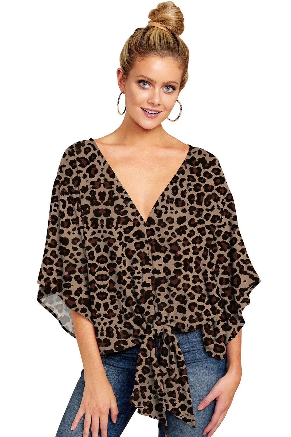 New V Neck Blouse Women Leopard Print Floral Tie Front Blouses Batwing Summer Oversize Ladies Tops - EX-STOCK CANADA