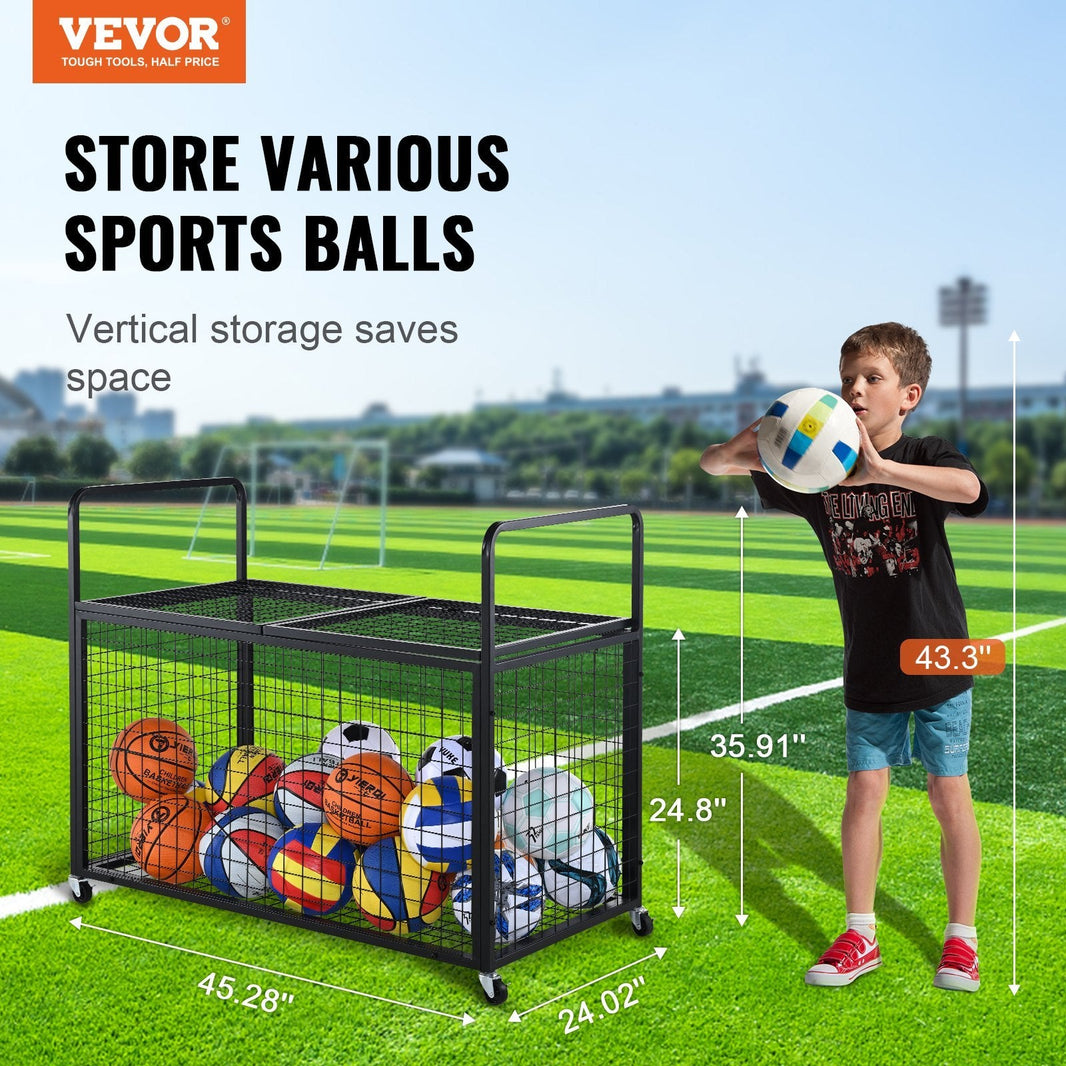 Rolling Sports Ball Storage Cart, Lockable Basketball Cage With Double Lids, Sport Equipment Holder Organizer For Indoor Outdoor, Steel Storage Rack For Garages, Playgroup, Gym And Schools EX-STOCK