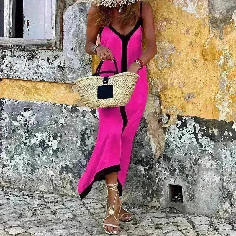 Women's Fashionable Casual Solid Color Spaghetti Straps Sleeveless V-neck Midi Dress - EX-STOCK CANADA