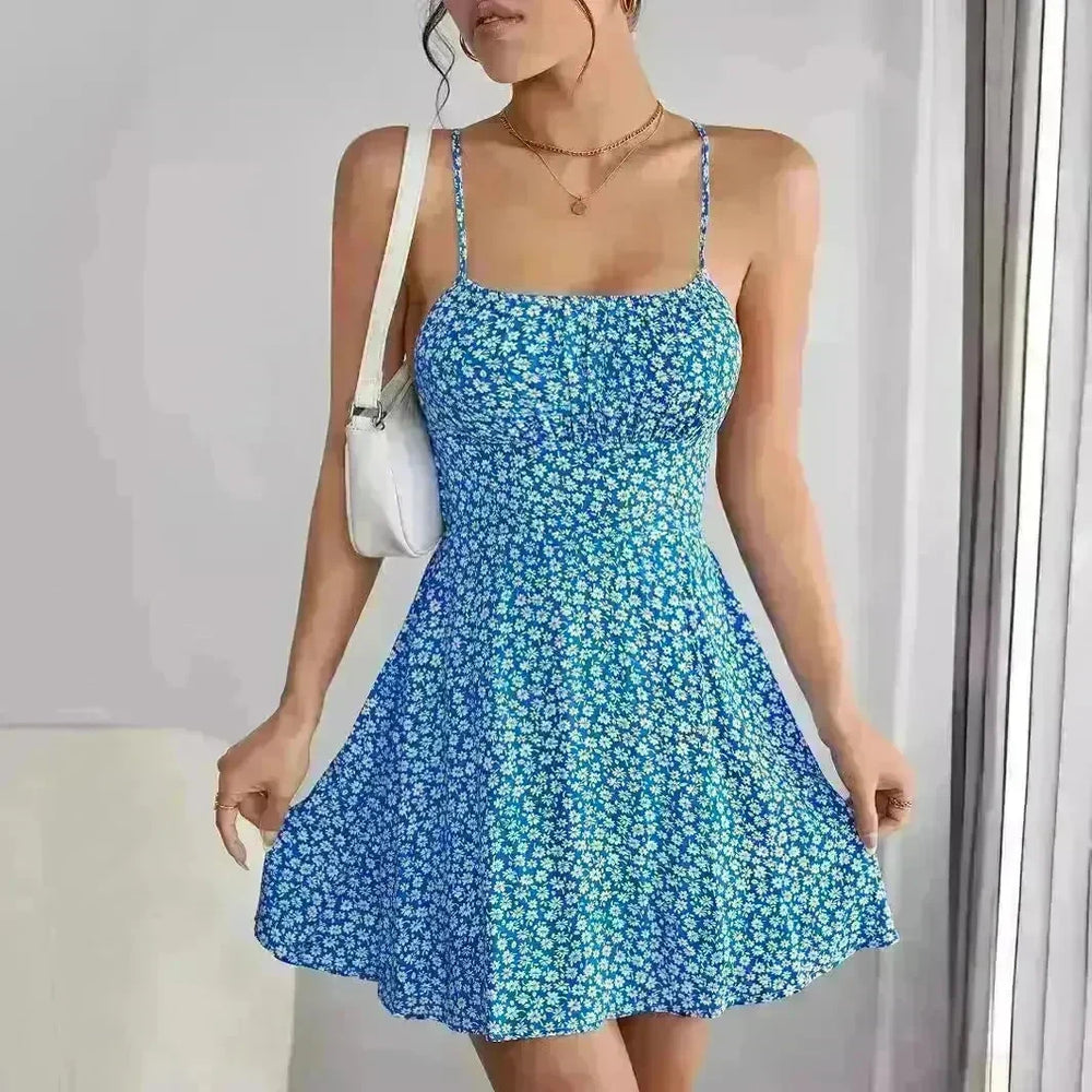 Women Fashion Printed Casual Spaghetti Strap Backless Mini Skater Dress - EX-STOCK CANADA
