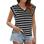 Fashion Stripe Print V-neck Short-sleeved T-Shirt Summer Loose Casual top for Women - EX-STOCK CANADA