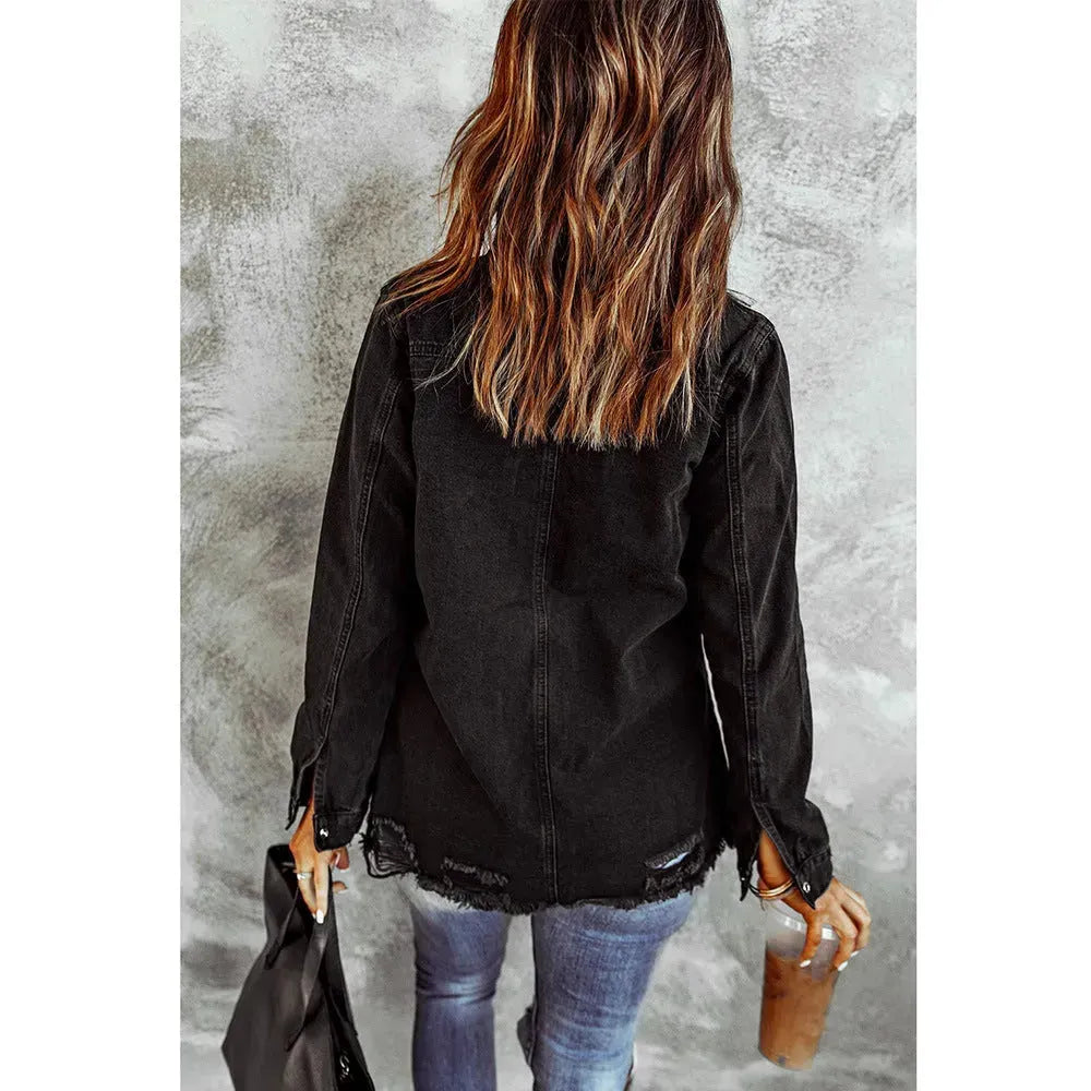 Black Ripped Shirt Denim Long Sleeve Coat Jacket Women - EX-STOCK CANADA