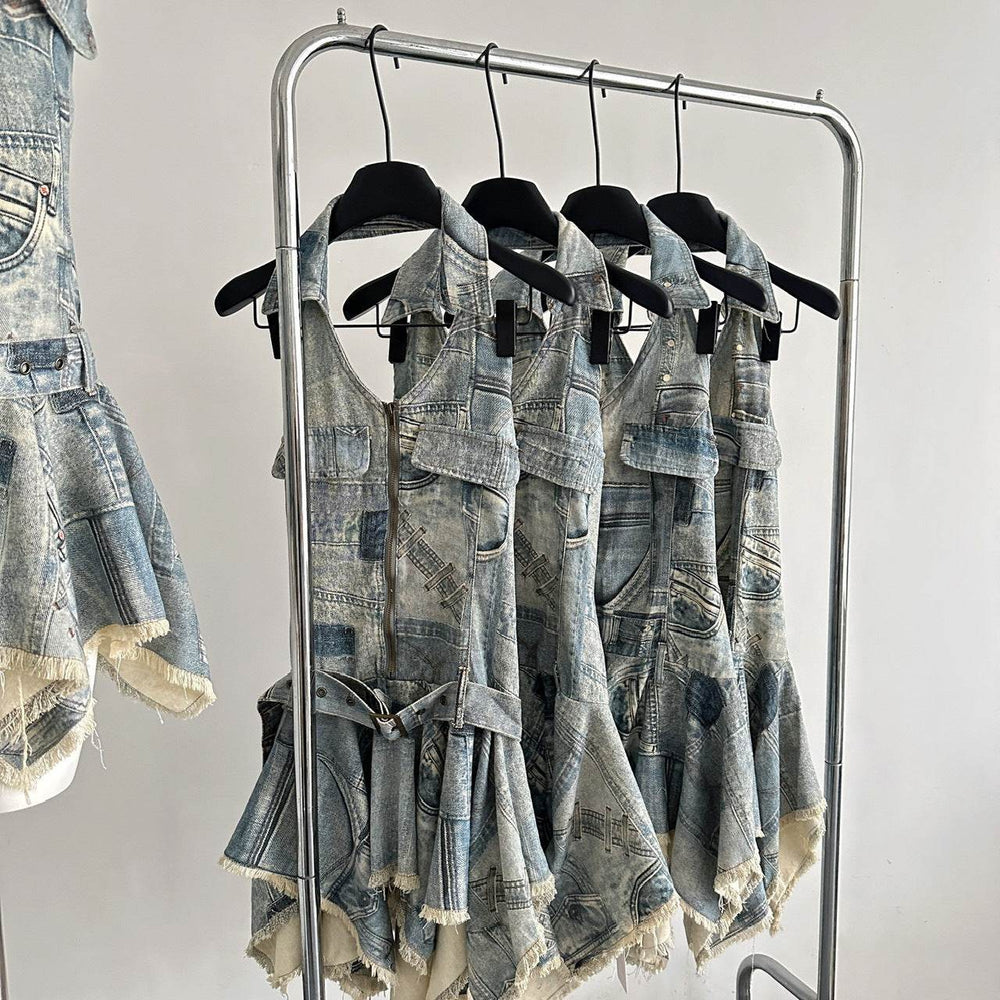 Waist-tight Halter Denim Dress Women's Distressed Retro Slimming Skirt - EX-STOCK Canada