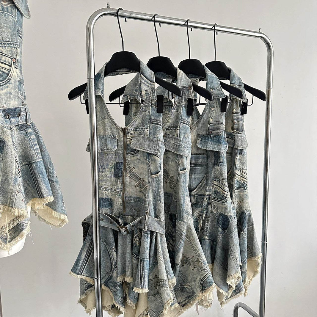 Waist-tight Halter Denim Dress Women's Distressed Retro Slimming Skirt - EX-STOCK Canada