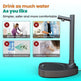 Black water dispenser with text about drinking water convenience on a light blue background