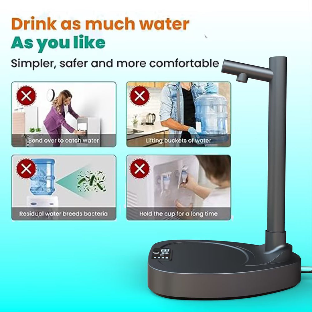 Black water dispenser with text about drinking water convenience on a light blue background