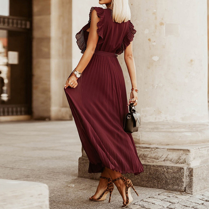 Women's Summer Maxi Dresses Elegant V Neck Ruffled Sleeves Empire Waist Pleated Flowy Wedding Guest Dress EX-STOCK
