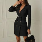 Women's Double-Breasted V-Neck Blazer Dress With Long Sleeves & Faux Pockets Mini Office To Party Dress For Spring & Summer EX-STOCK