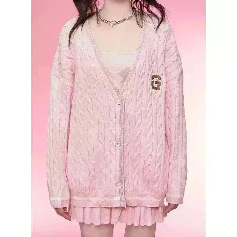 Diamond Vest Spaghetti Straps Knitted Cardigan Coat Three-piece Set - EX-STOCK CANADA