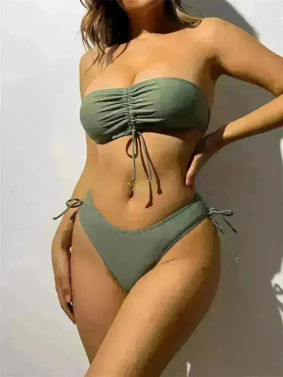 Drawstring Design Tube Bikini Summer Solid Color Sexy Swimsuit For Beach Party Womens Clothing - EX-STOCK CANADA