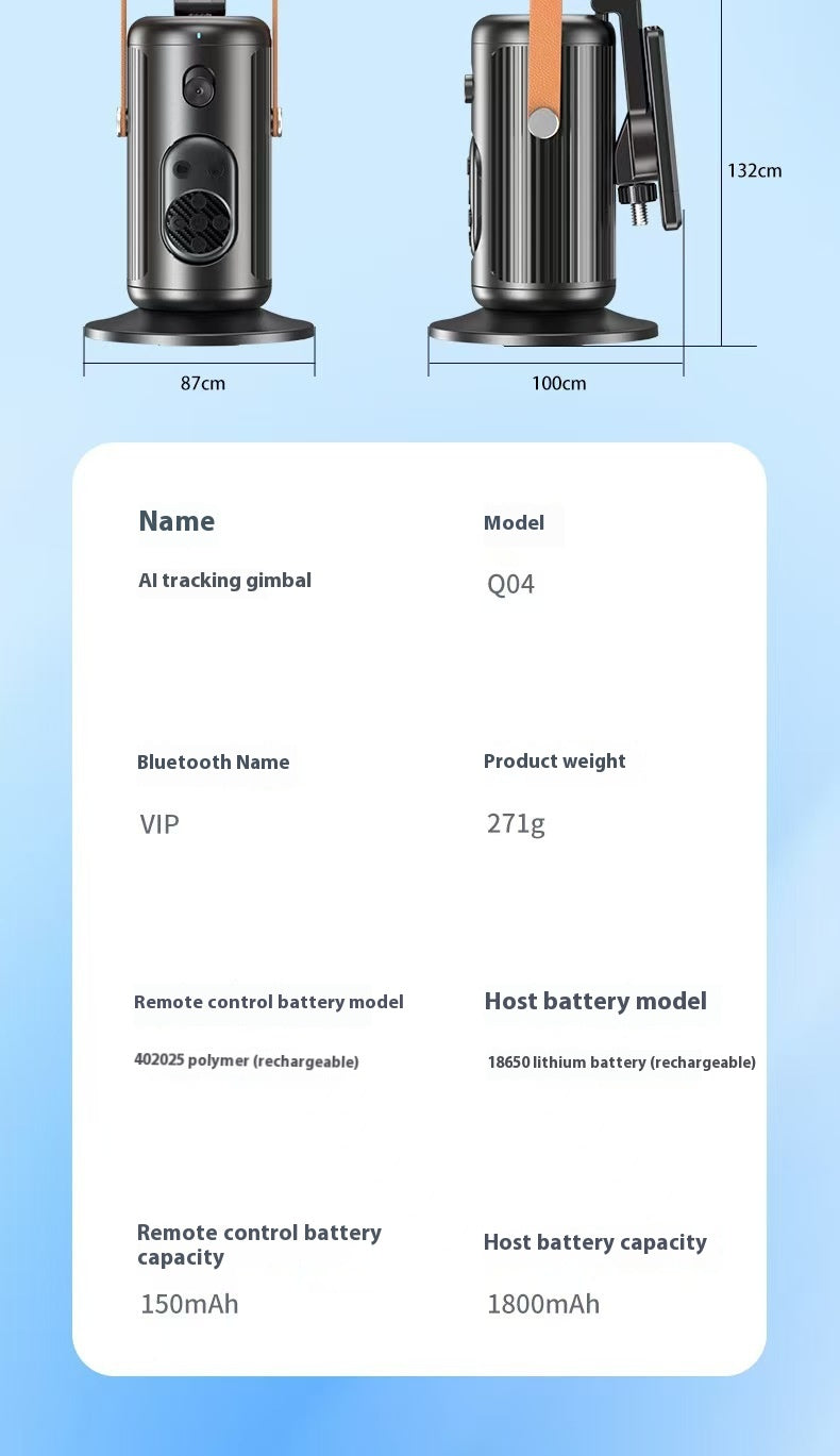 Technical specification sheet for an AI tracking gimbal, showing front and back dimension diagrams of the Q04 model with a white data table below on a light blue gradient background.