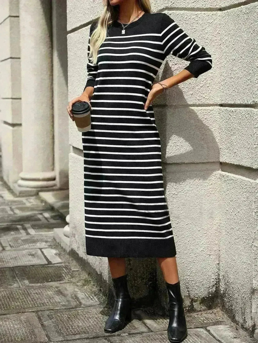Slim Striped Printed Long Cashmere Dress  Autumn And Winter Long Sleeve Dresses For Women - EX-STOCK CANADA