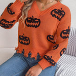 Halloween Contrast Color Pumpkin Cut Long Sleeve Sweater - EX-STOCK Canada