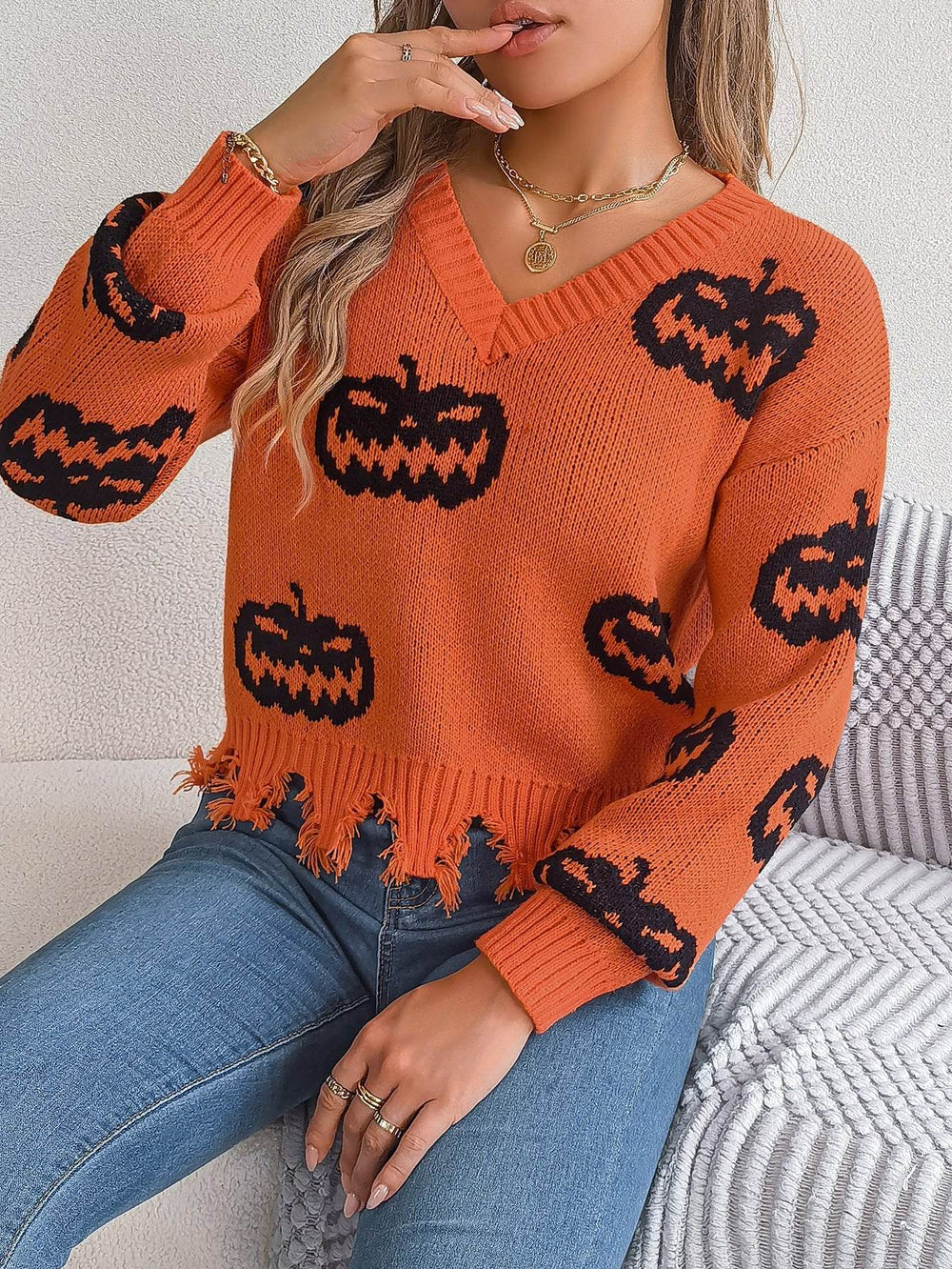 Halloween Contrast Color Pumpkin Cut Long Sleeve Sweater - EX-STOCK Canada