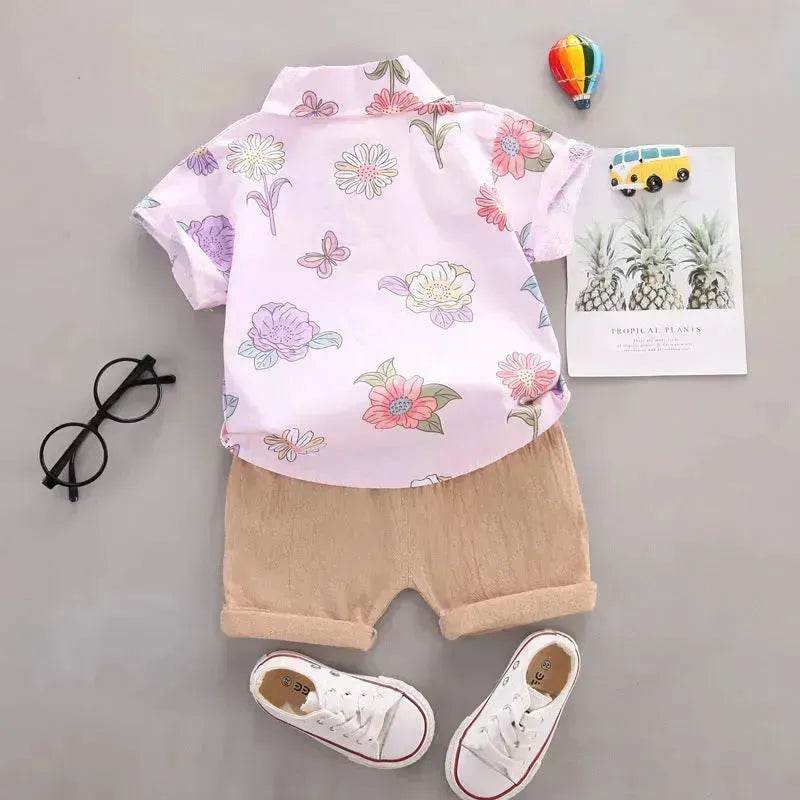 Summer Flower Lapel Shirt Two-piece Set for boys Short sleeve shirt and short pant - EX-STOCK Canada