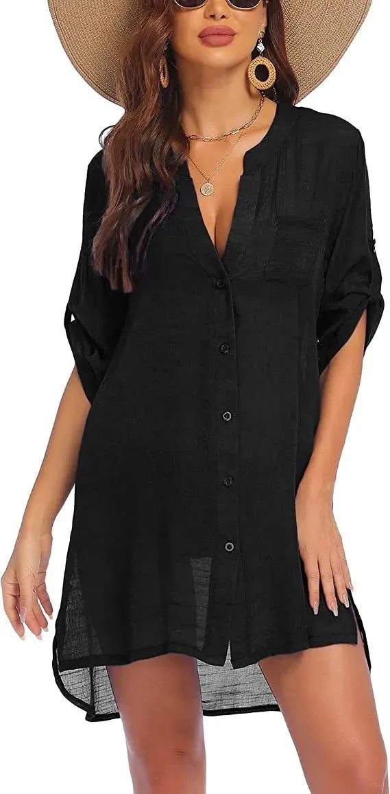 European And American Sun Protection Women Beach Linen Shirt dress - EX-STOCK CANADA