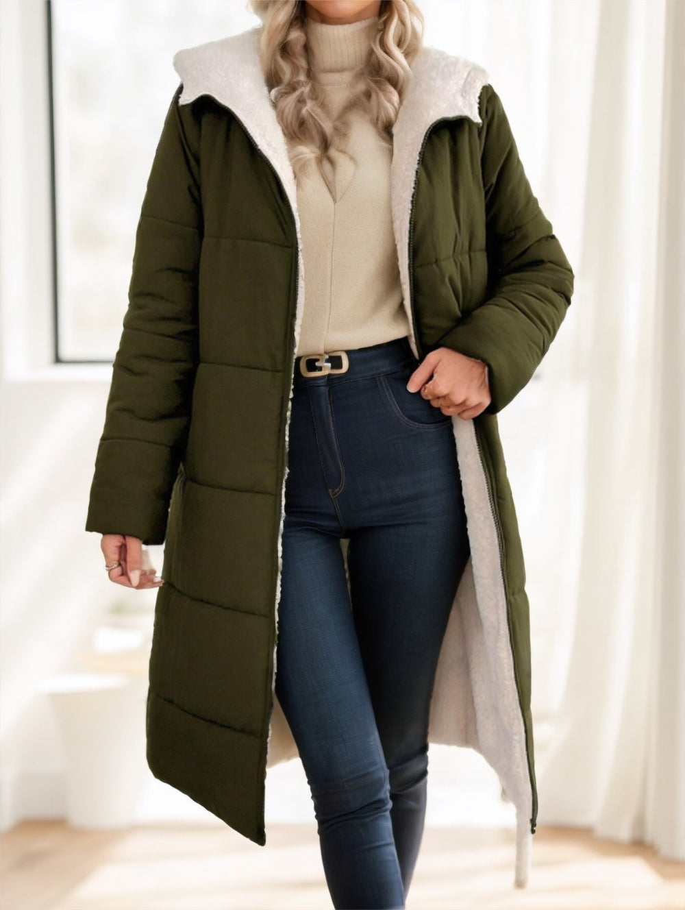 Women's Long Quilted Hooded Puffer Coat – Sherpa Lined | Black & Green | S–3XL