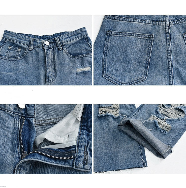 Collage of blue jeans showing various details on a white background