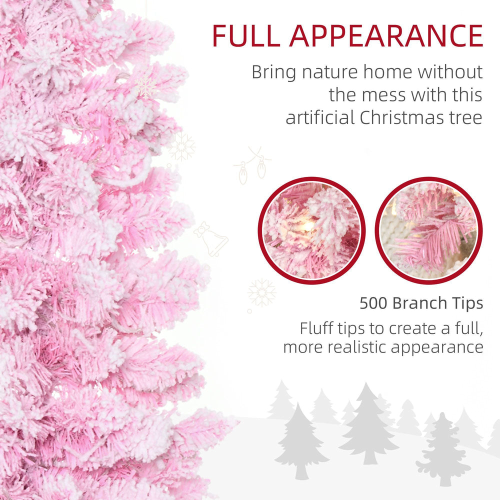 6 Foot Prelit Snow Flocked Artificial Christmas Tree With Pencil Shape, 500 Pine Realistic Branches, Warm White LED Lights, Auto Open, Pink And White EX-STOCK Canada 