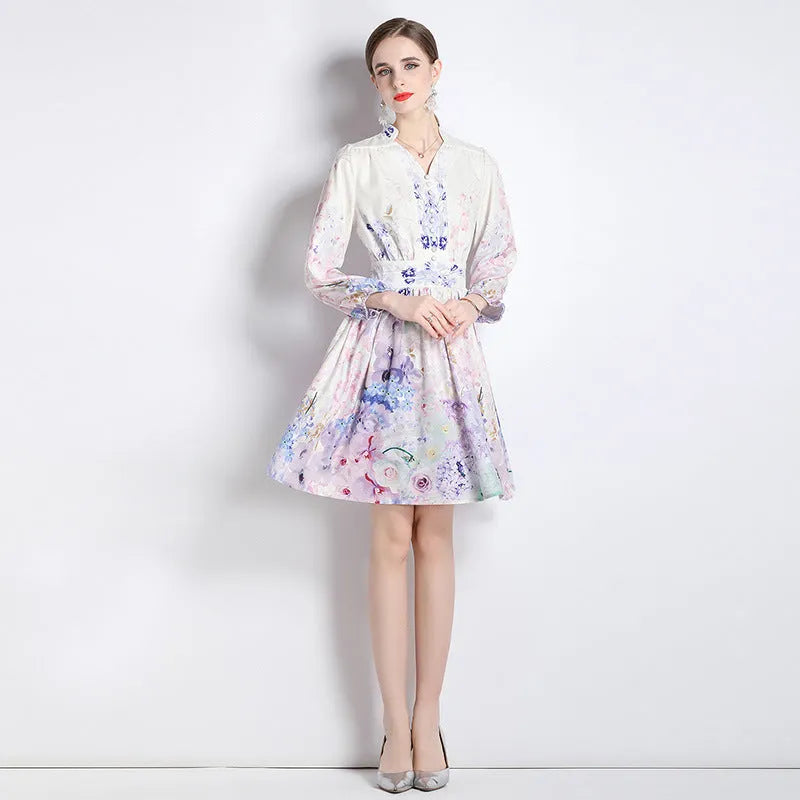 Elegant V-neck Vintage Floral Print Long Sleeves Dress Spring - EX-STOCK CANADA