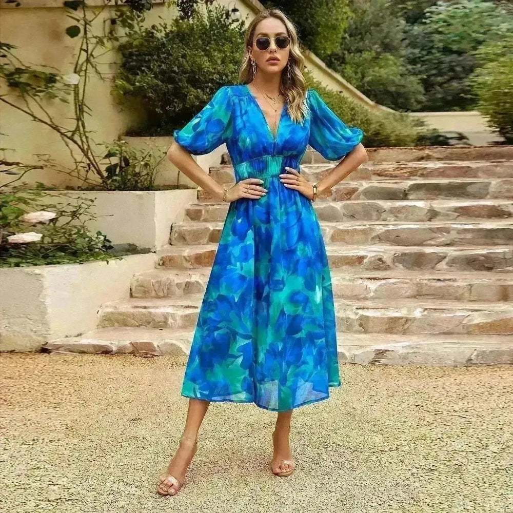 Summer Chiffon Floral Printed Temperament Waist-controlled V-neck Casual Midi Dress - EX-STOCK CANADA