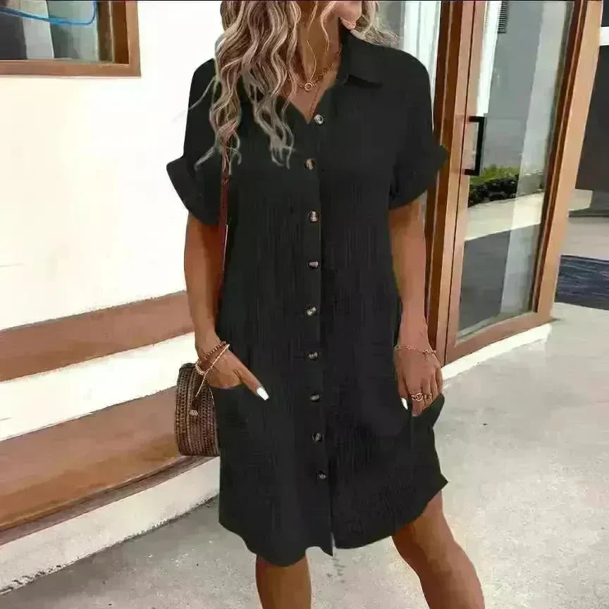 Womens Button Down Shirt Dress Summer Cotton Linen Dress V-Neck Mini Dress Casual Short Sleeve Loose Tunic Dresses - EX-STOCK CANADA