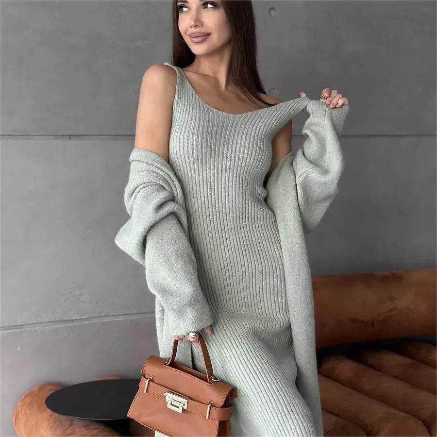 Women 2pcs Winter outfit set Long dress Cashmere Long Cardigan Jacket - EX-STOCK Canada