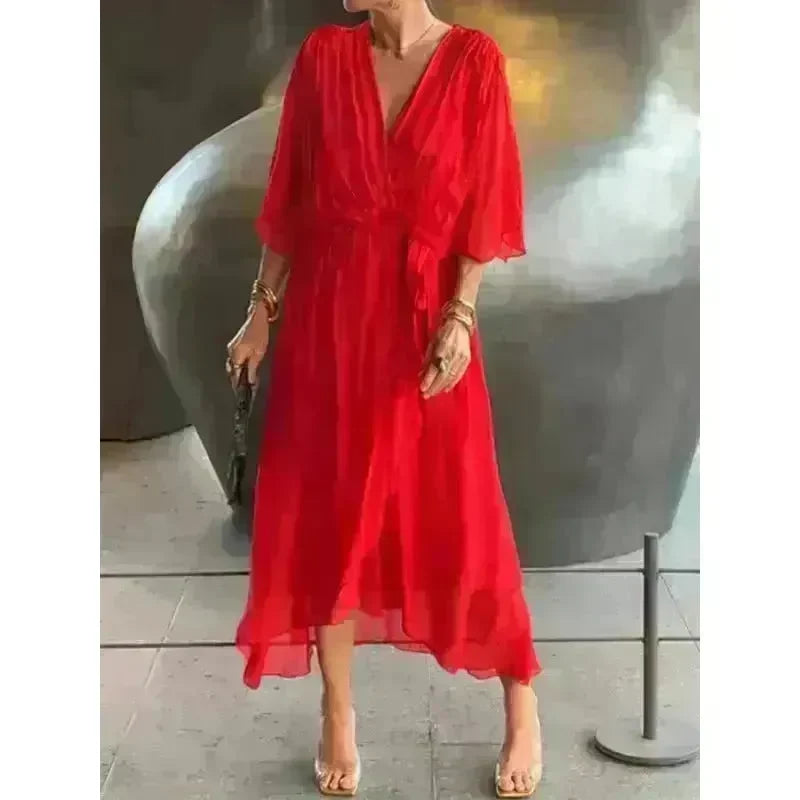 Batwing Sleeve V-neck Dress Summer Pure Color Tied Irregular Wrap Midi Dresses for Women - EX-STOCK CANADA