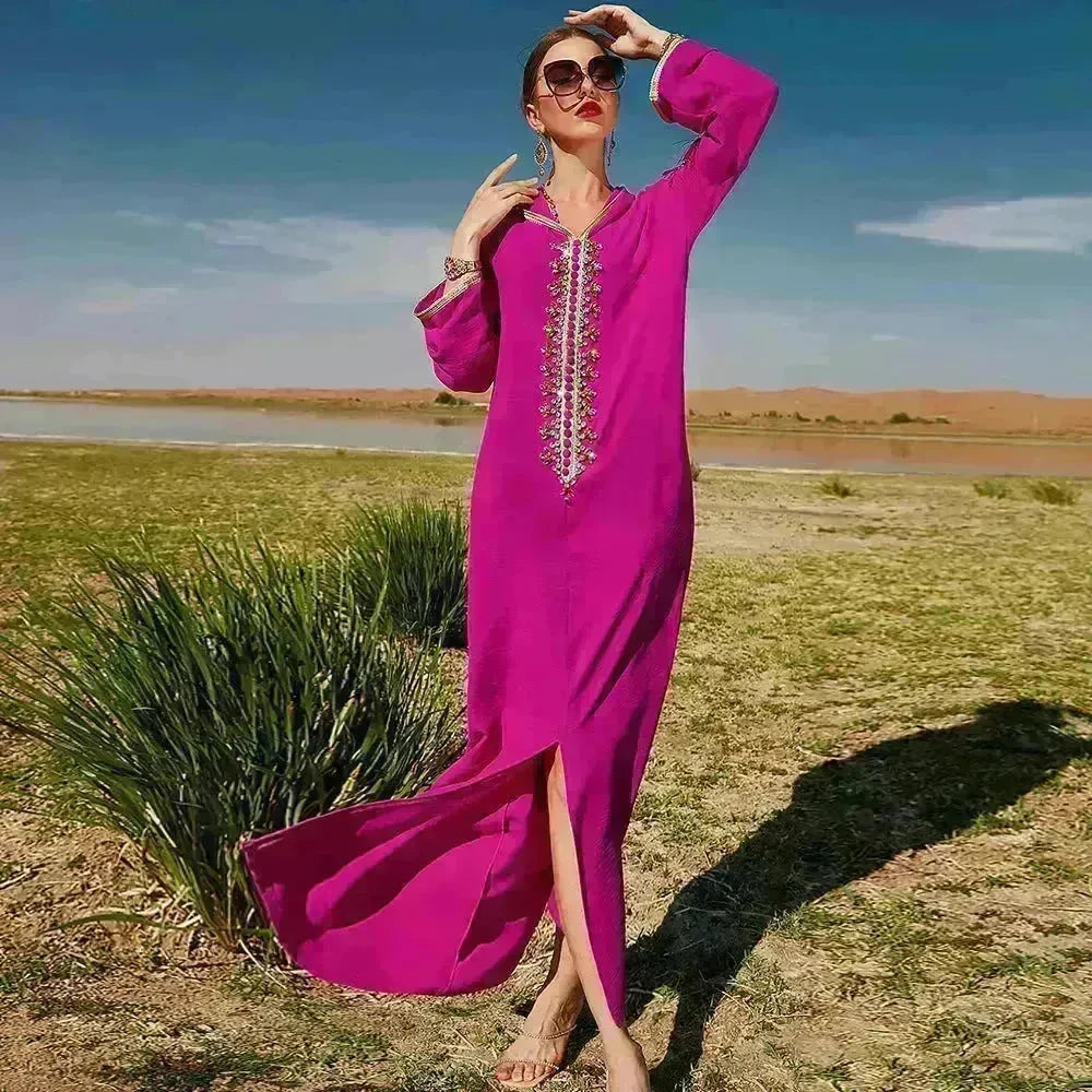 Women's Luxury Rose Red Hooded Middle East Moroccan Dubai Style Dress Fancy Embellish Summer Turkish dress - EX-STOCK CANADA