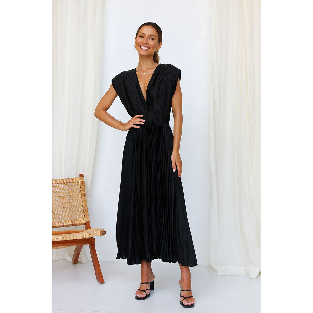 Summer V-neck Pleated Dress INS Fashion Casual Loose Zip Sleeveless Dresses For Women Clothing 
