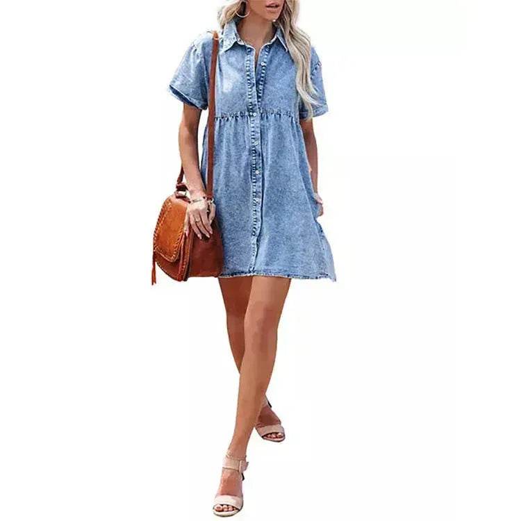 European And American Washed Denim Lapel Ruffled Denim Dress Jeans Flared dress Casual Denim mini dress - EX-STOCK Canada